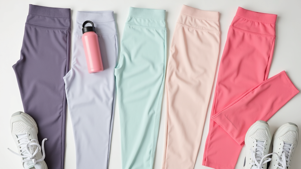 Trendy women's activewear laid out flat, with bold colors, pastel leggings, and technical accessories.