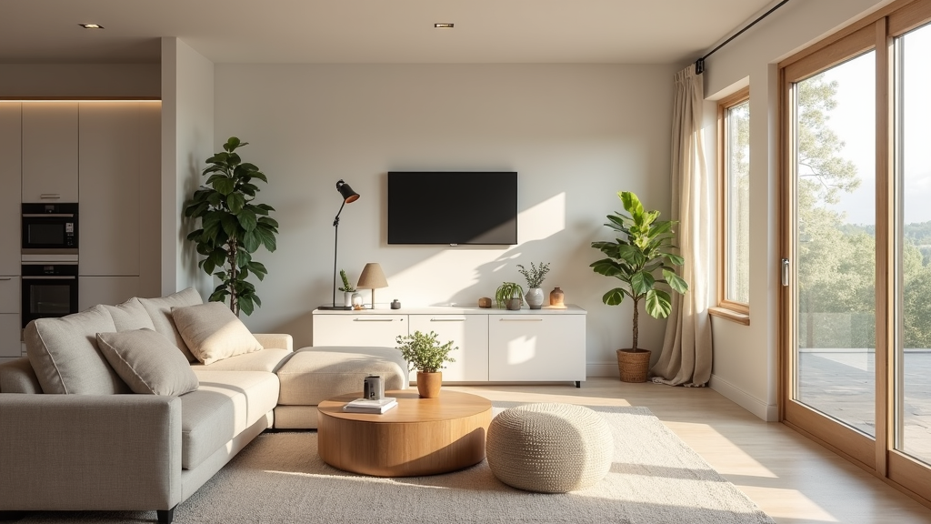 A modern living room with smart gadgets, sustainable furniture, and cozy decor