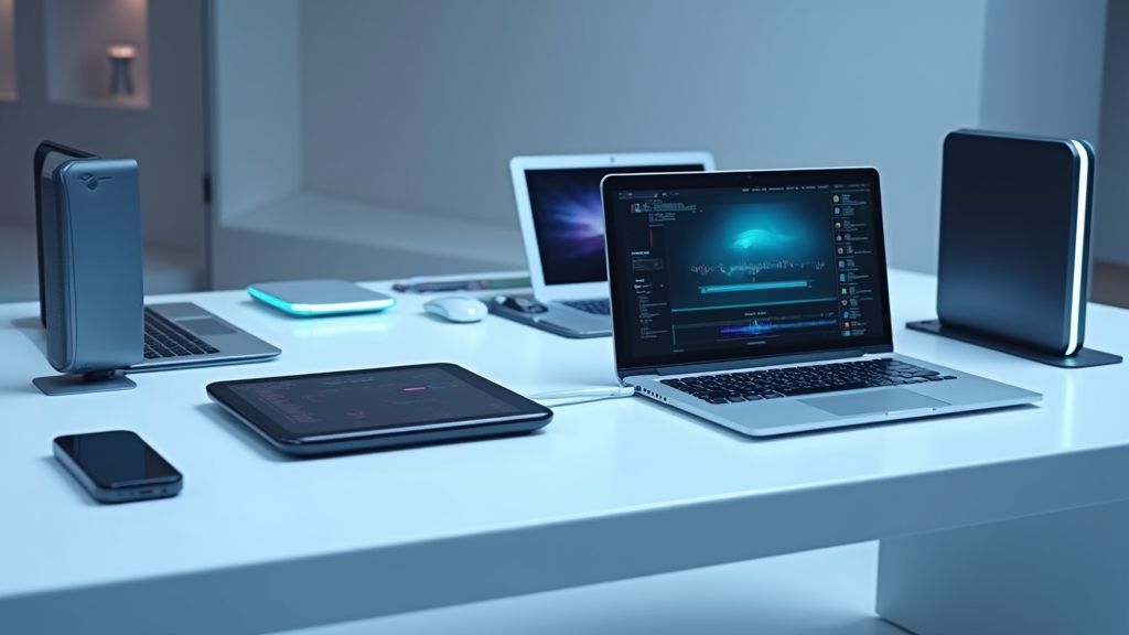 Futuristic tech gadgets for 2025 on display on a white table with glowing screens and sleek designs